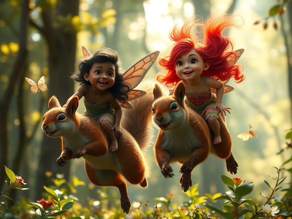 Fairies Ride Majestic Squirrels through Enchanted Forest