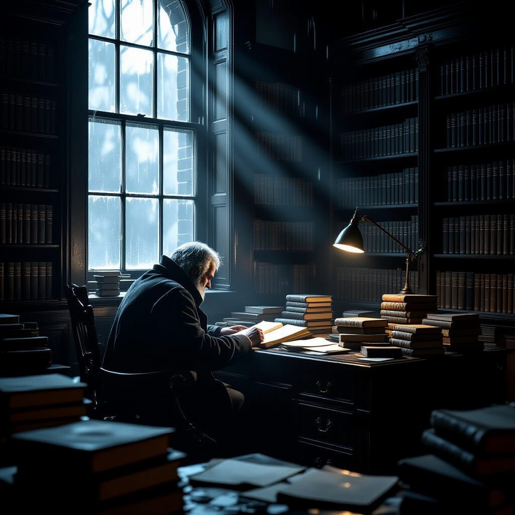 Scholar in Dim Study, Noir Aesthetic