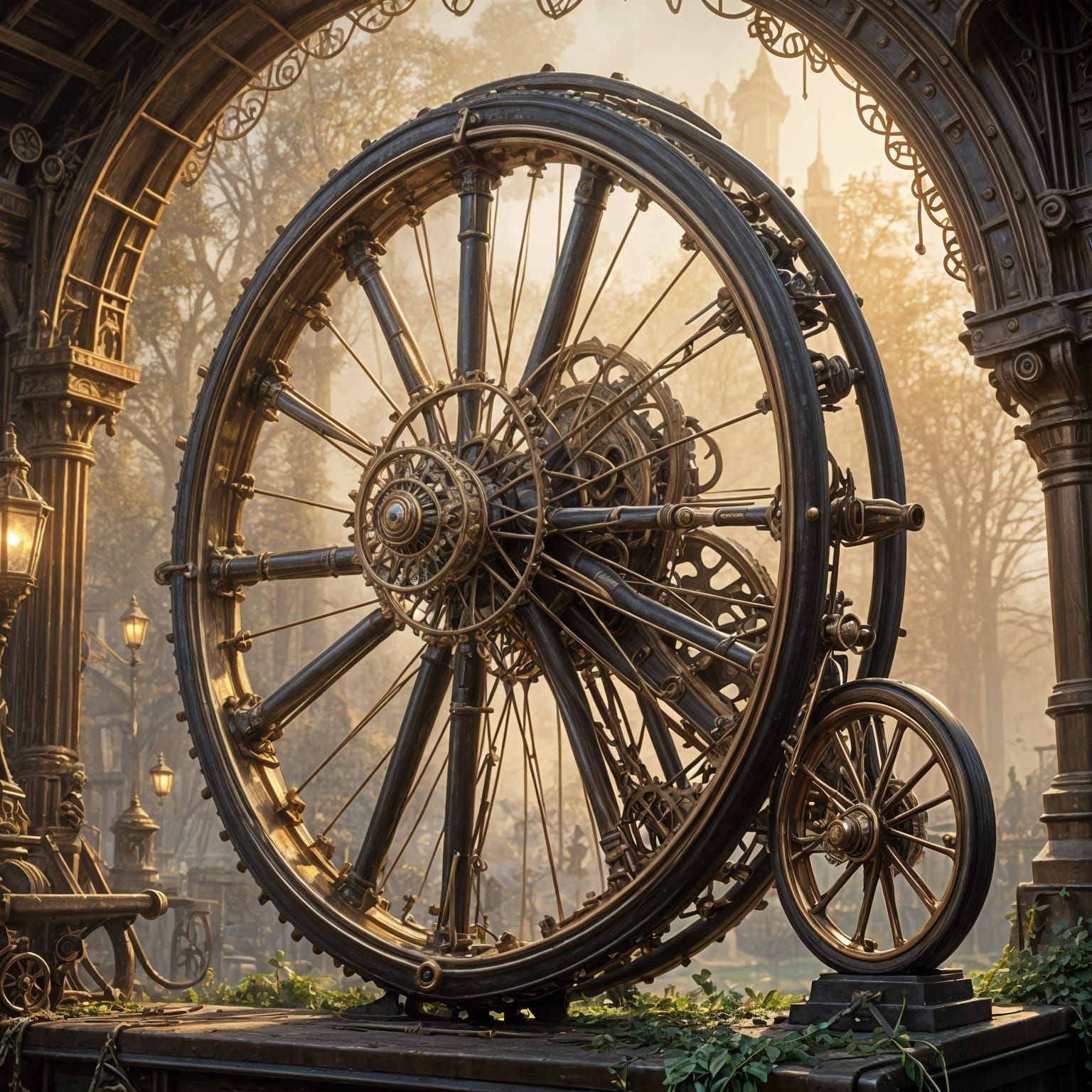 Steampunk High Wheel Bicycle in Whimsical Golden Light