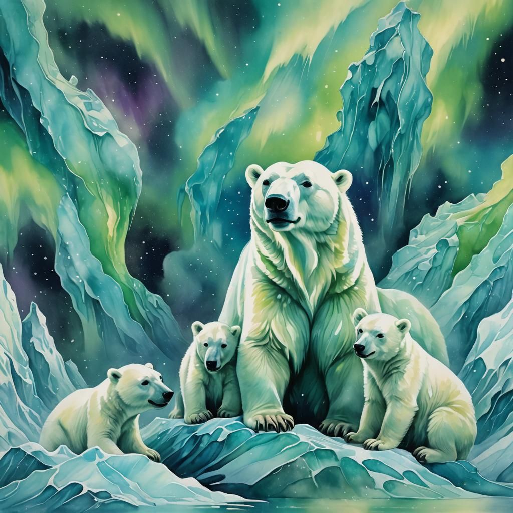 Polar Bear Family Under Aurora Borealis, Abstract Painting
