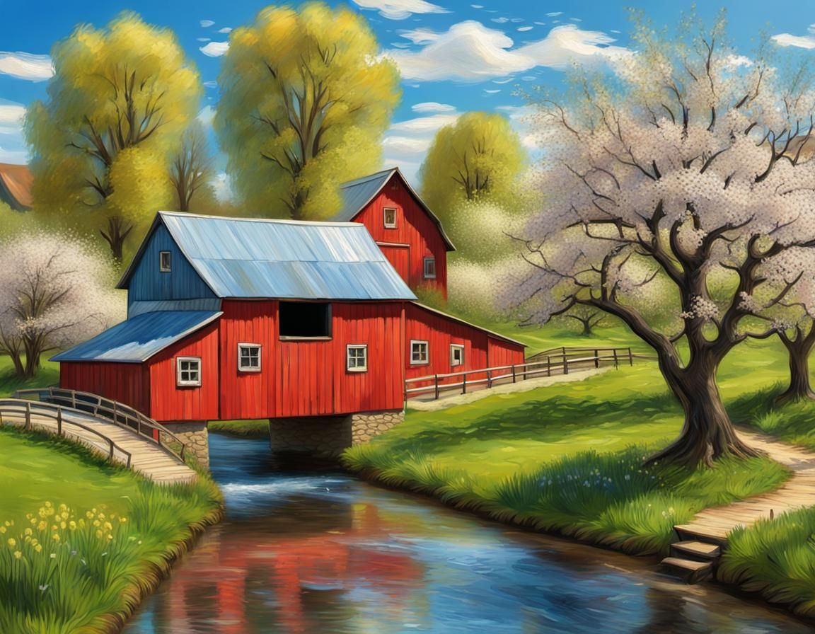 spring landscape with blue stream