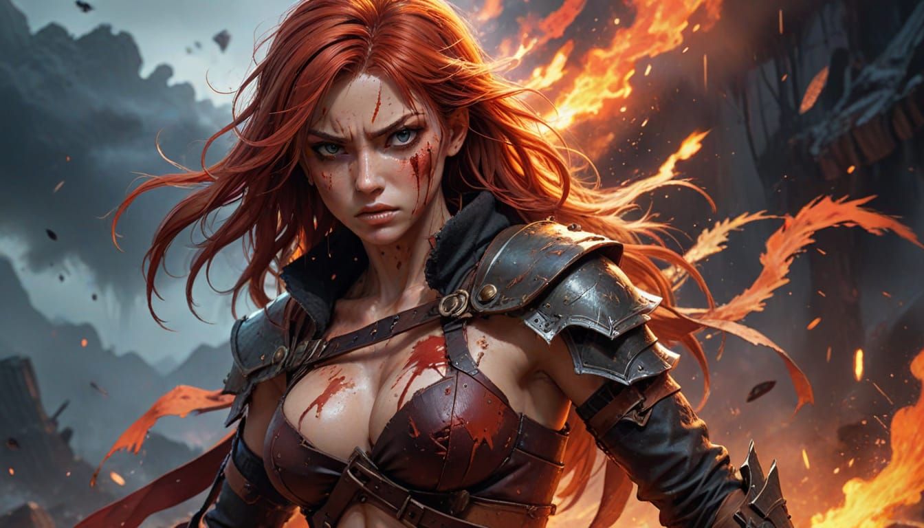 Redhead Barbarian Warrior in Fiery Battle