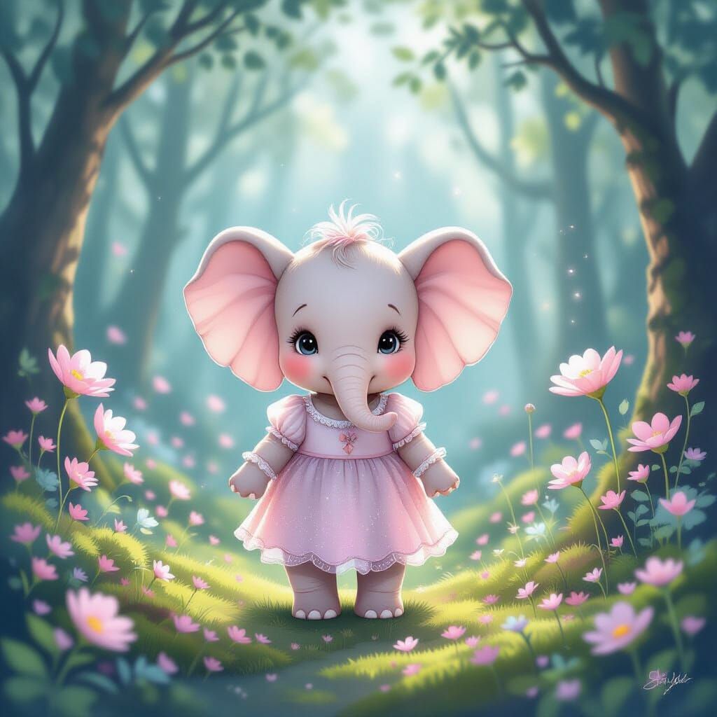 Whimsical Baby Pink Elephant in Dreamy Forest