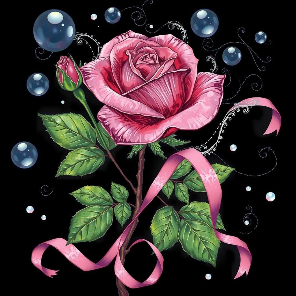 Pink Rose with Lace and Pearls in Impressionist Style