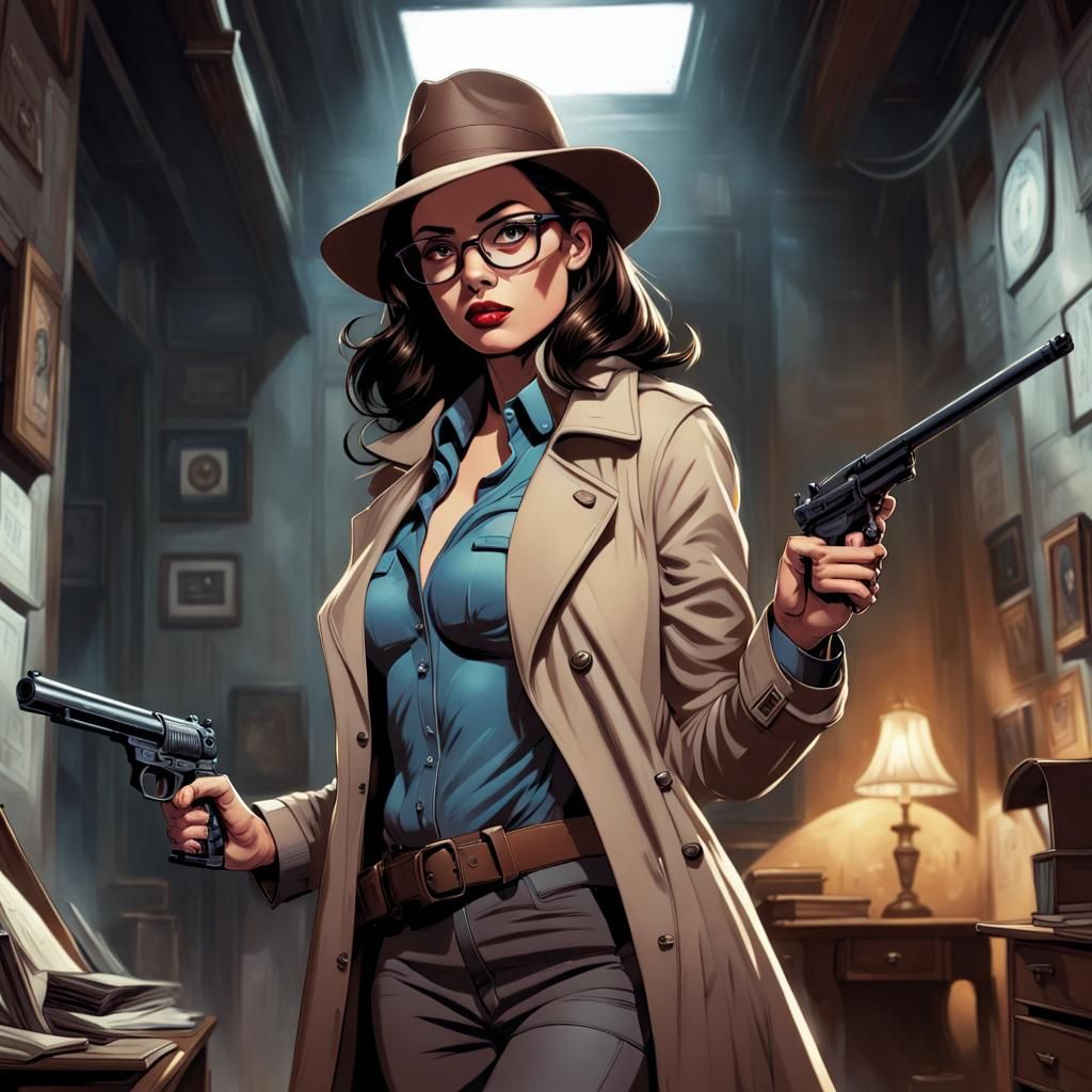 Brunette Investigator in Dark Room, Comic Book Art