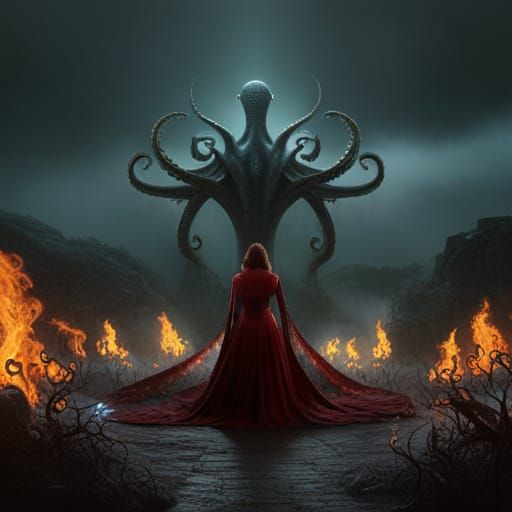 Eerie Octopus in Foggy Forest with Woman