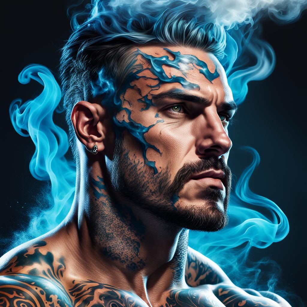 Electrifying Portrait of a Tattooed Man in Splash Art Style