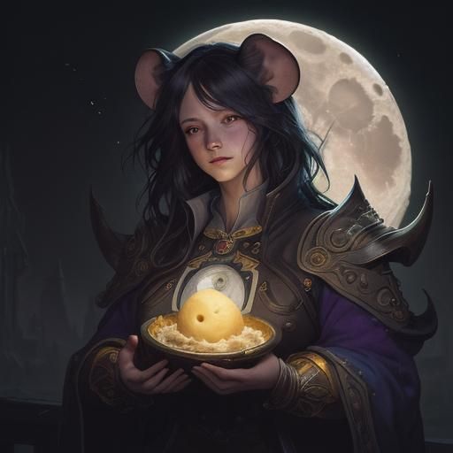 Mouse Asleep on Cheese Moon, Detailed Fantasy Art