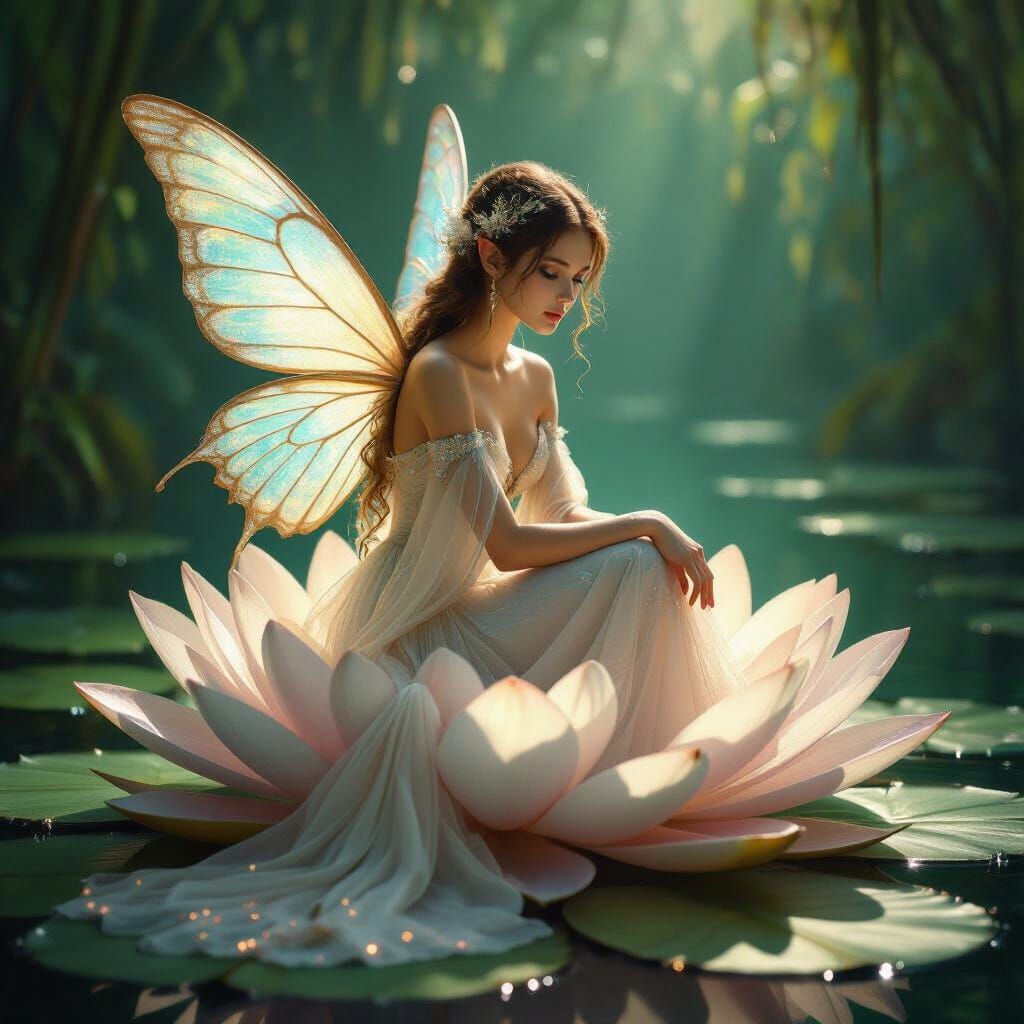 Enchanting Fairy on Water Lily in Pre-Raphaelite Style