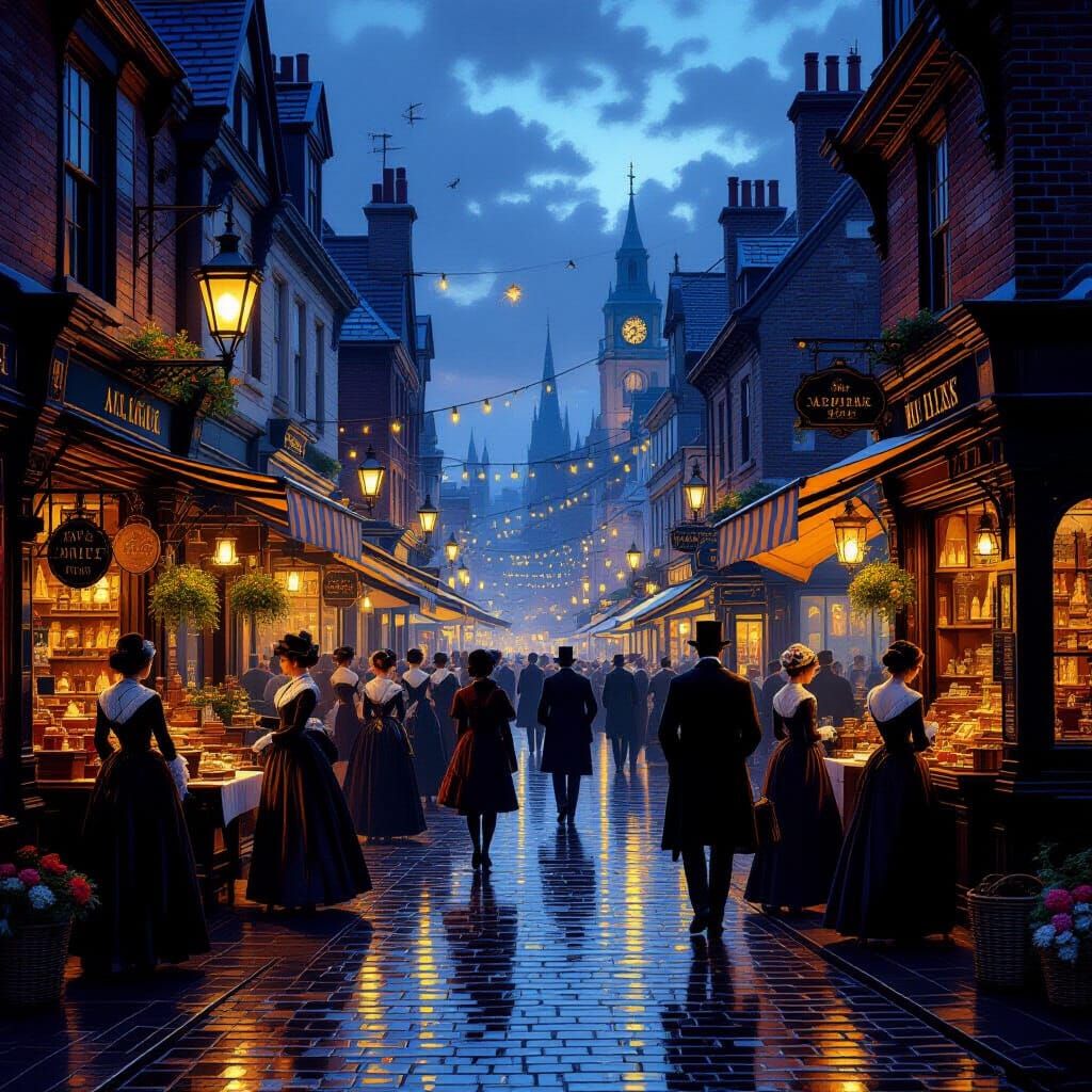 Victorian Street Market at Dusk in Historical Realism