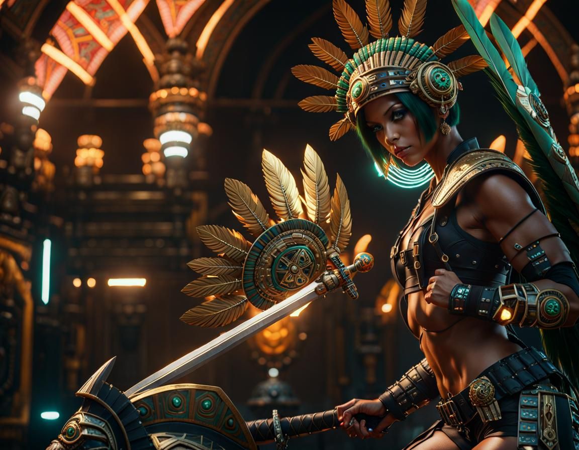 Aztec Warrior Woman in Cyberpunk Servo-Armor