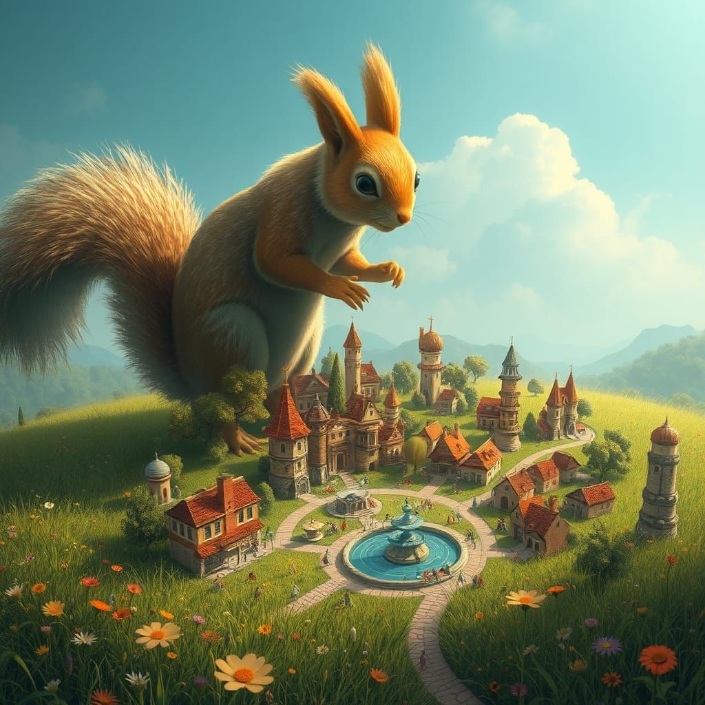 Miniature City Watched by Squirrel, Detailed Matte Painting