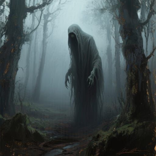 Lonely Spirit in Foggy Forest, Oil Painting Style