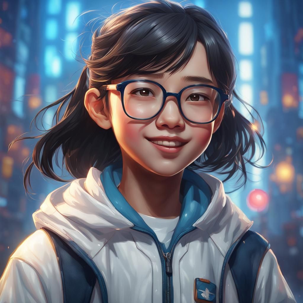 Smiling Chinese Girl Portrait in Hyperdetailed Style