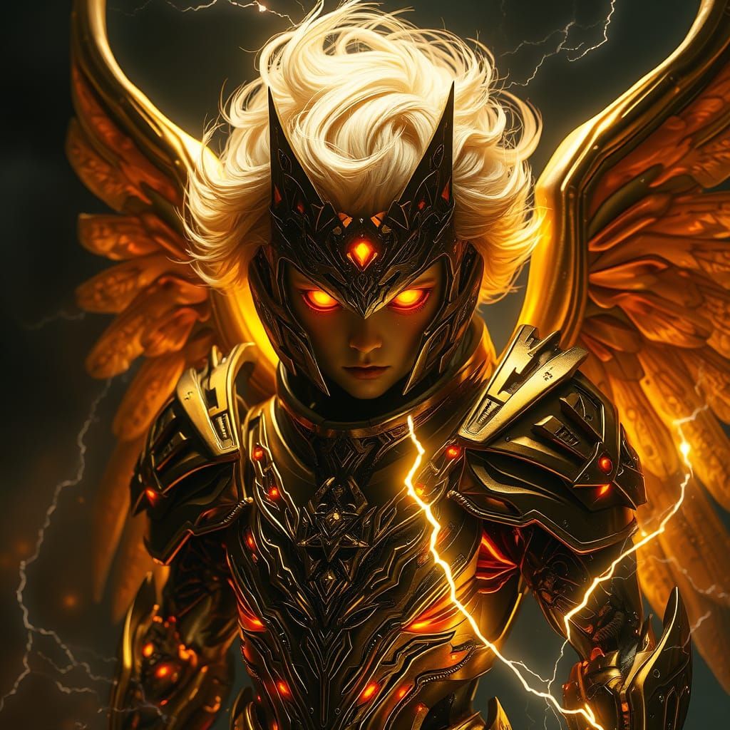 Sinister Cherub Cyborg Emerges from Shadows in Gold Armor