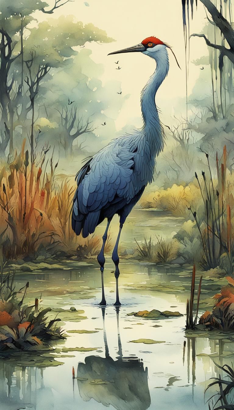 Manchurian Crane Portrait in Children's Book Style