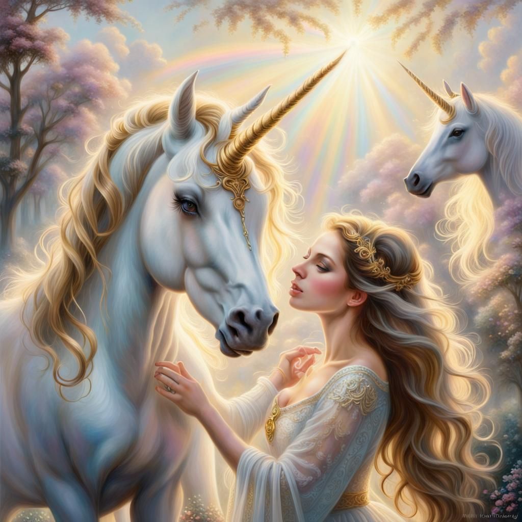 Ethereal Fantasy: Woman with Unicorn in Soft Light