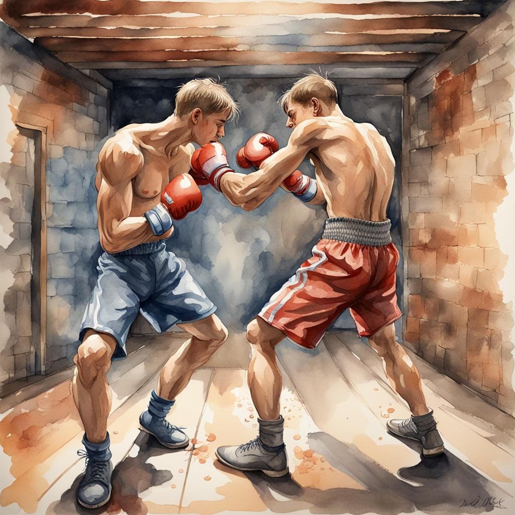 Intense Bare-Knuckle Boxing Match in Watercolor Style