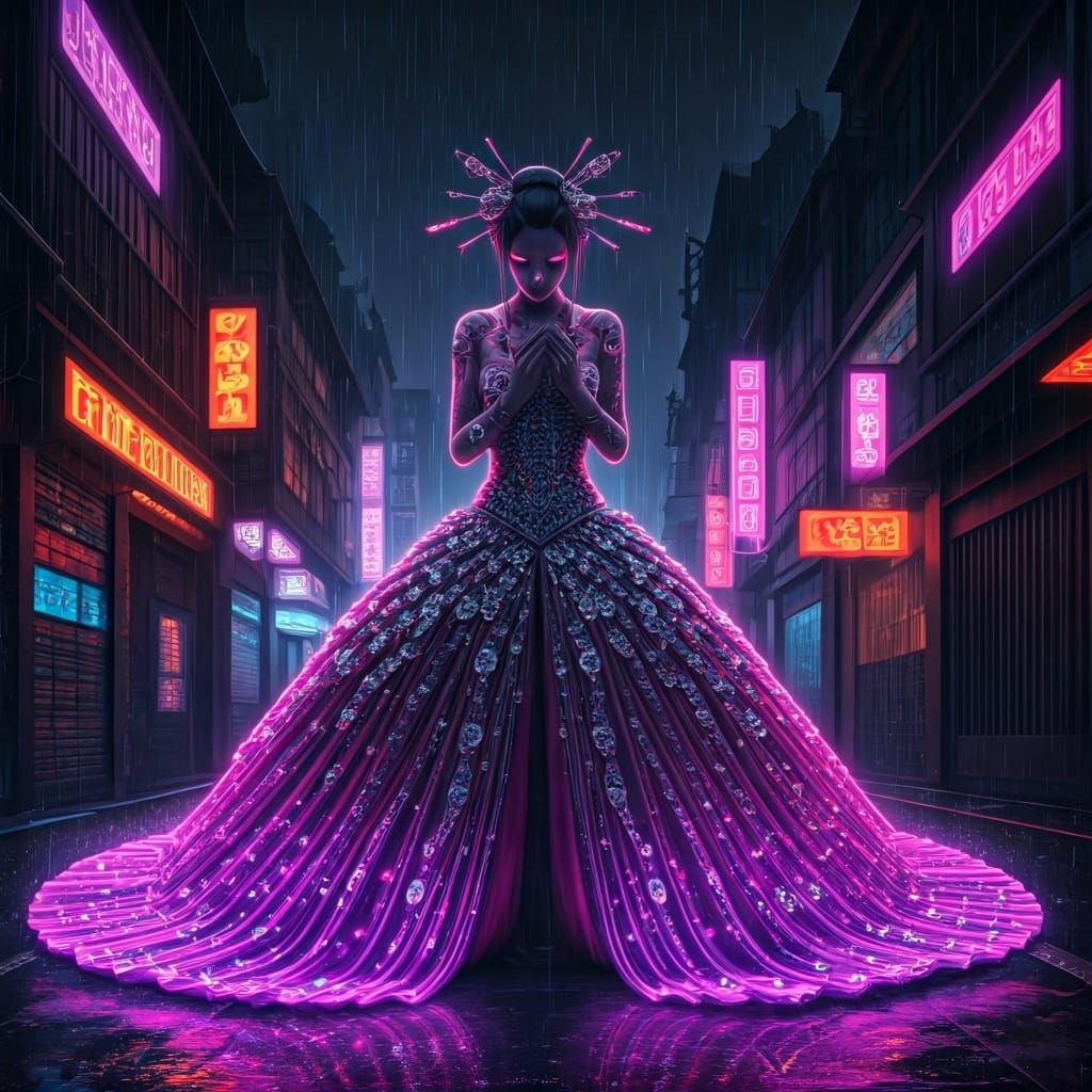 Cyborg Geisha Weeping in Neon Alleyway