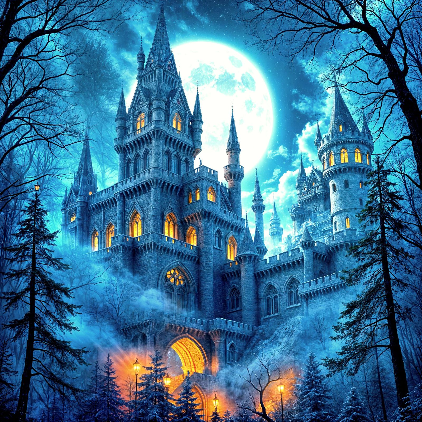 Moonlit Castle in Fantasy Forest: Midjourney Style
