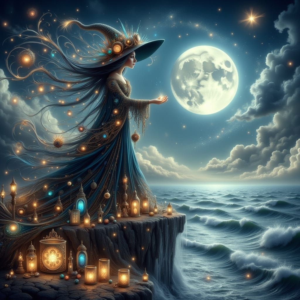 Steampunk Witch Casting Rite Under Moonlit Sky