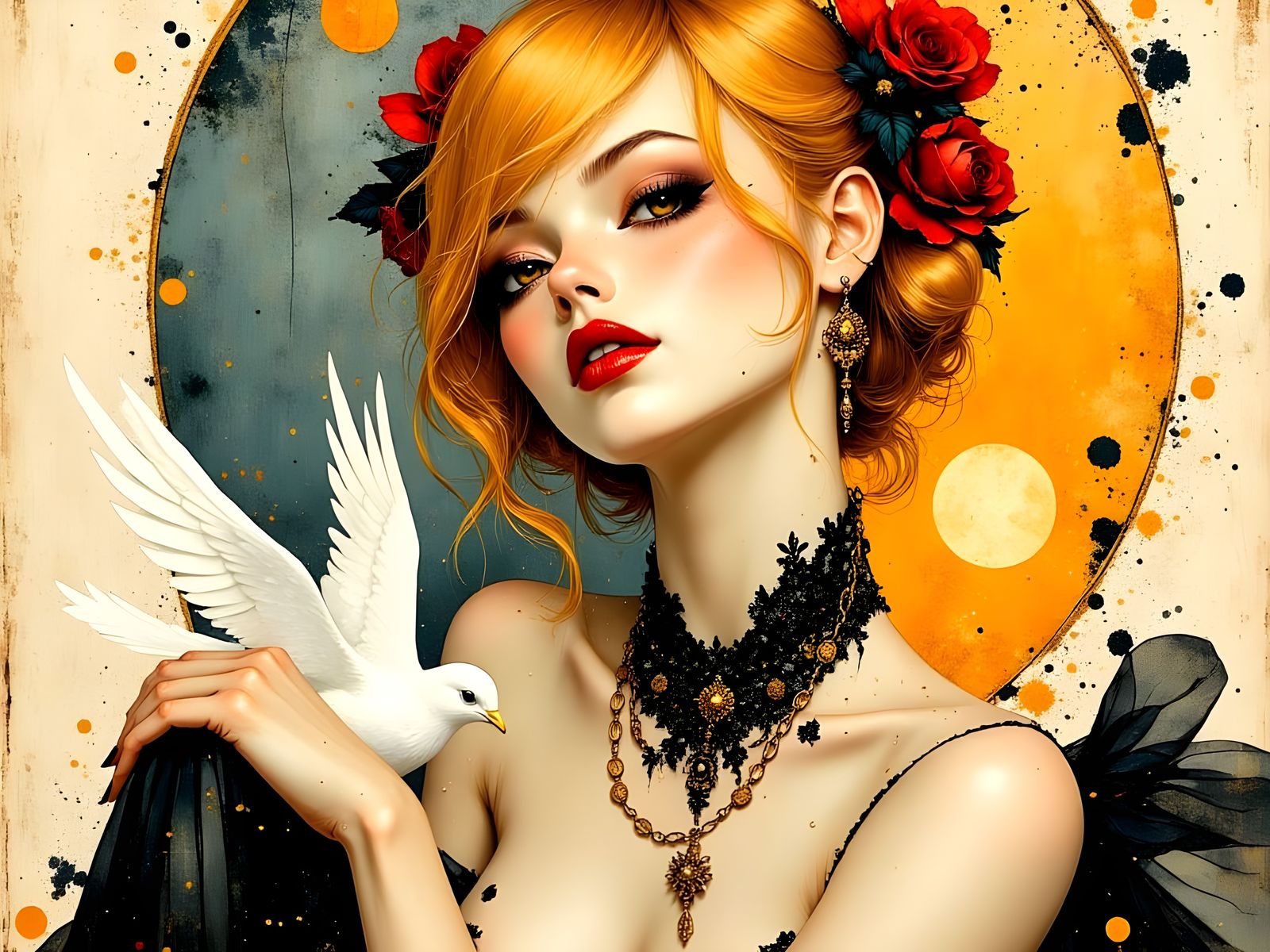 1980s Pin-Up with Doves in Digital Art Style