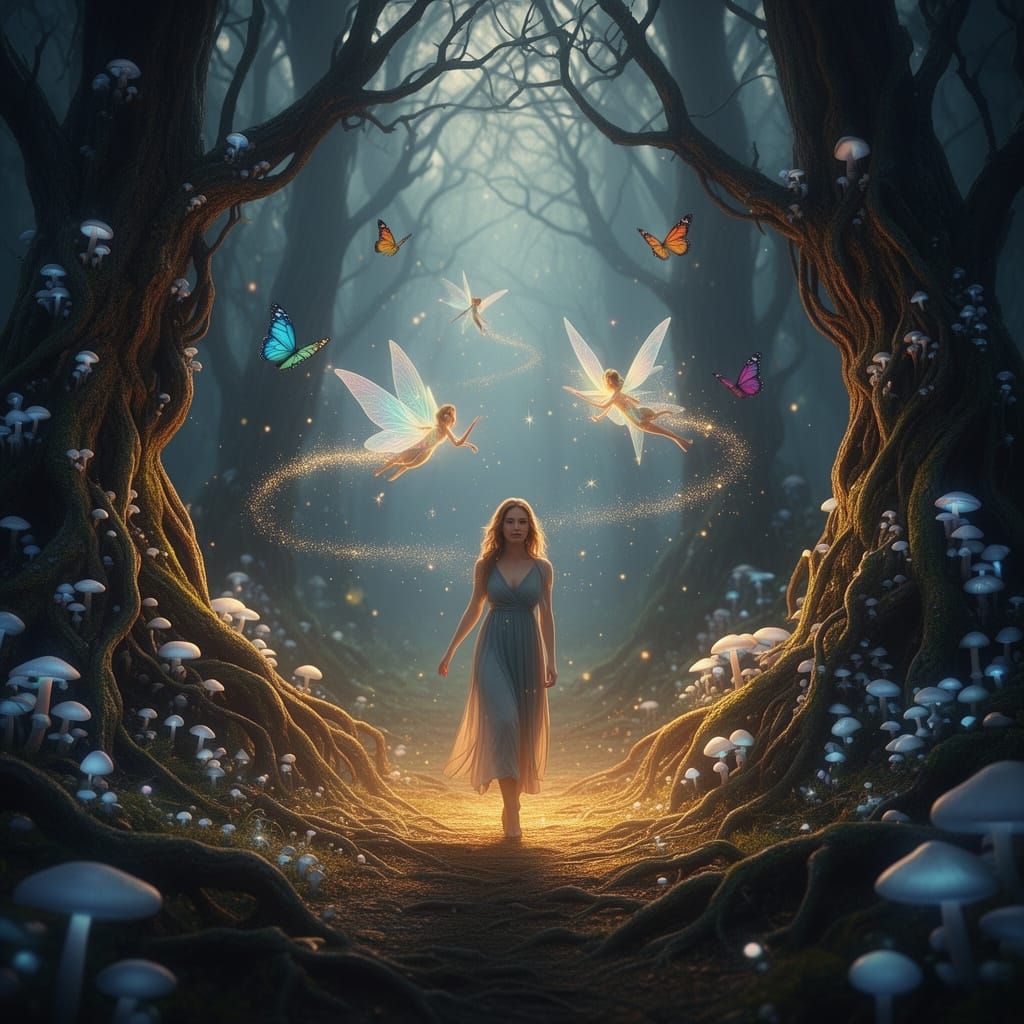 Woman in Mystical Forest Wonderland with Glowing Mushrooms