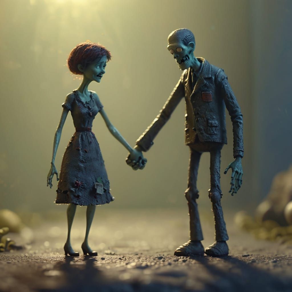 very tiny miniature man and woman holding hands Pixar cute z...