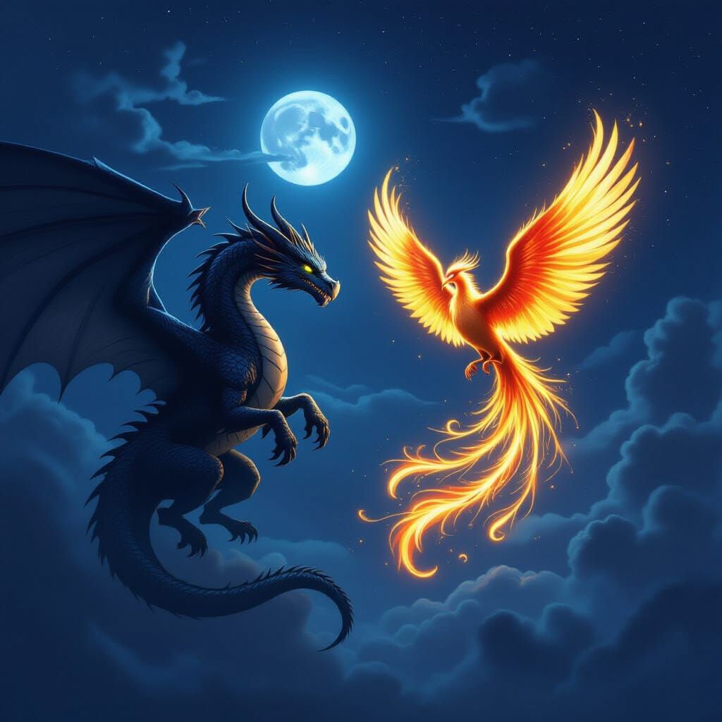 Shadow Dragon Fights Light Phoenix in Midnight Sky