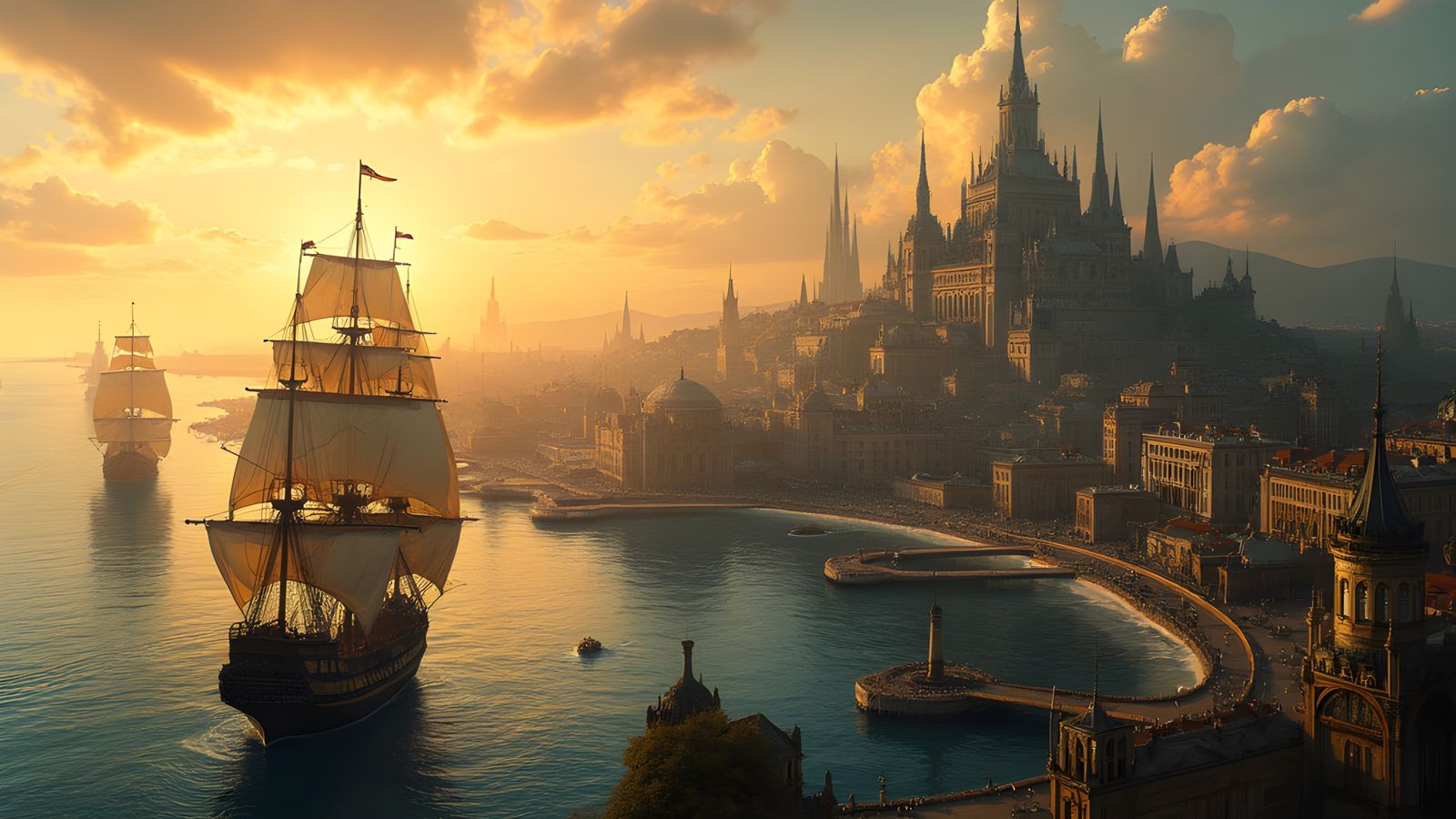 Hyperrealistic Fantasy City at Sunrise with Sea Port