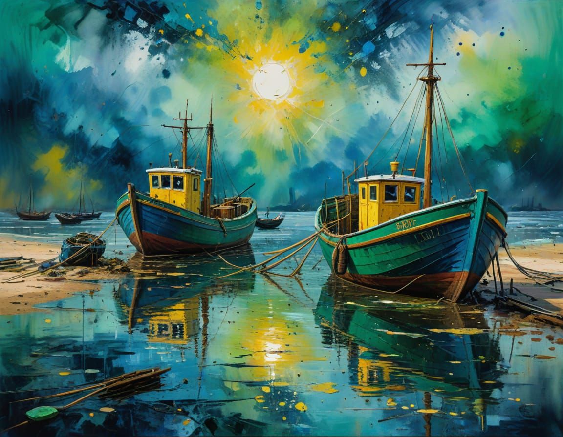 Expressive Harbour Scene in Vibrant Watercolour Oil