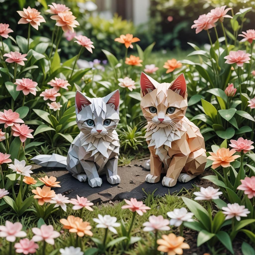 Origami Kittens in a Garden Papercraft Style