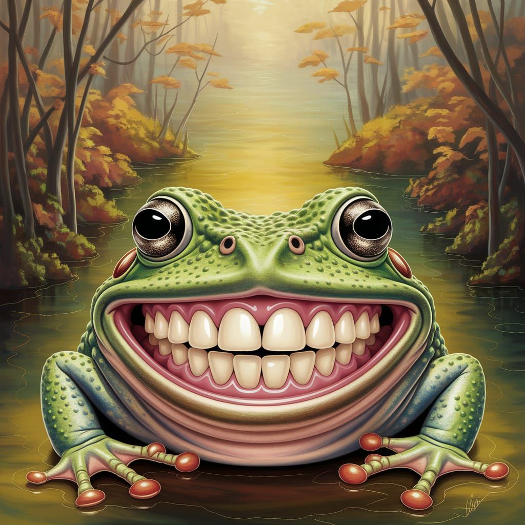 Warty Bullfrog Smiles With Human Dentures in Acrylic Art