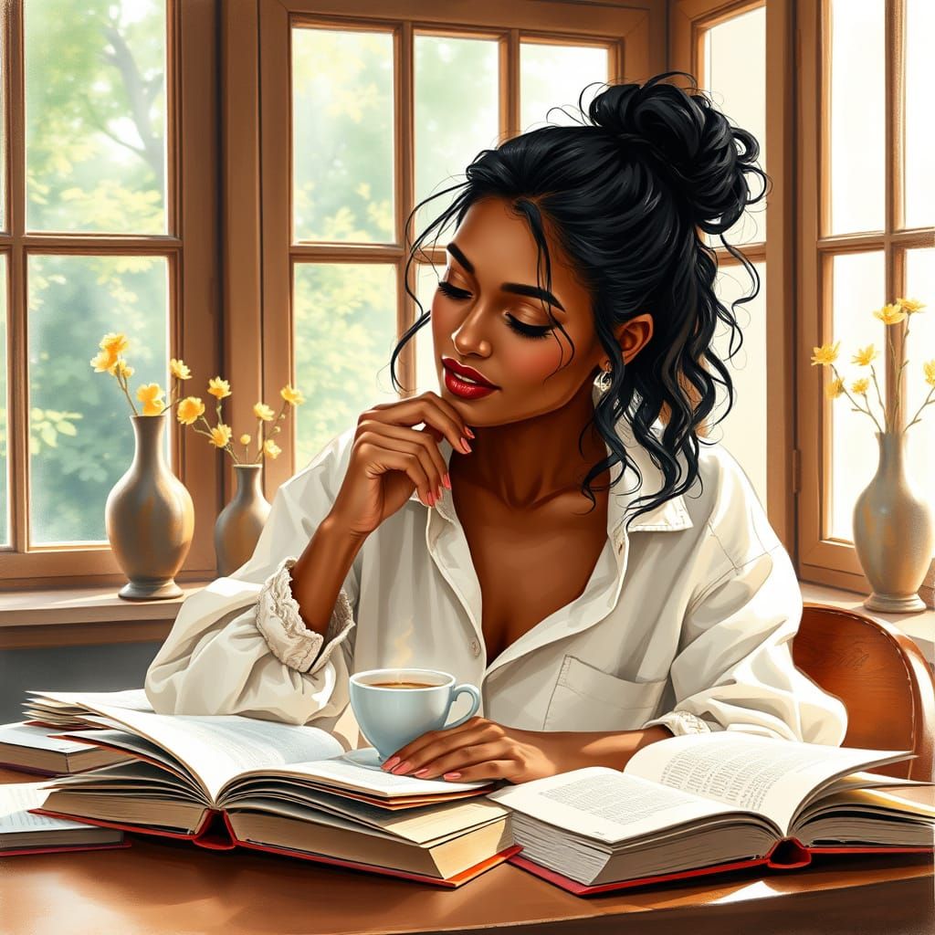 Serene Indian Woman Reads in Sunny Study