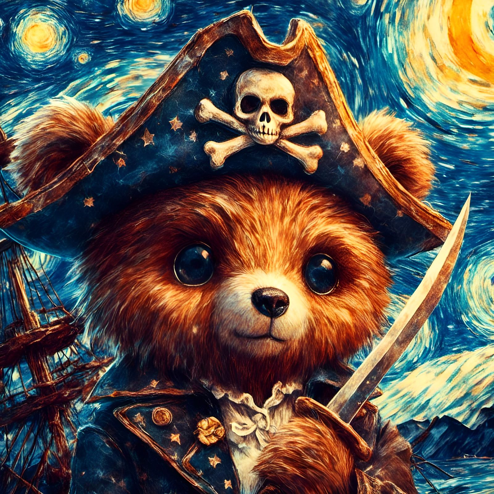 Cartoon Pirate Bear in Starry Night Fantasy