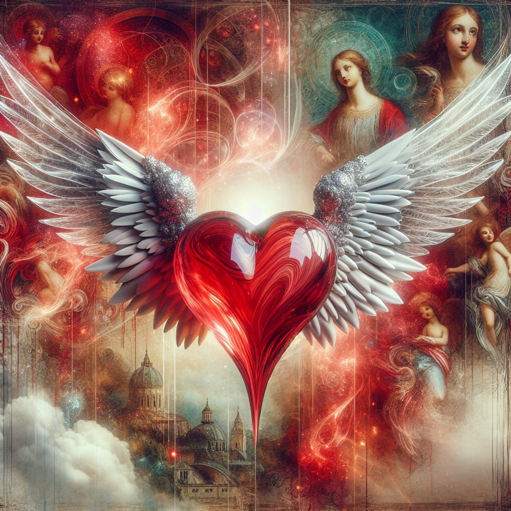 Blown Glass Heart with Angel Wings: Renaissance Style