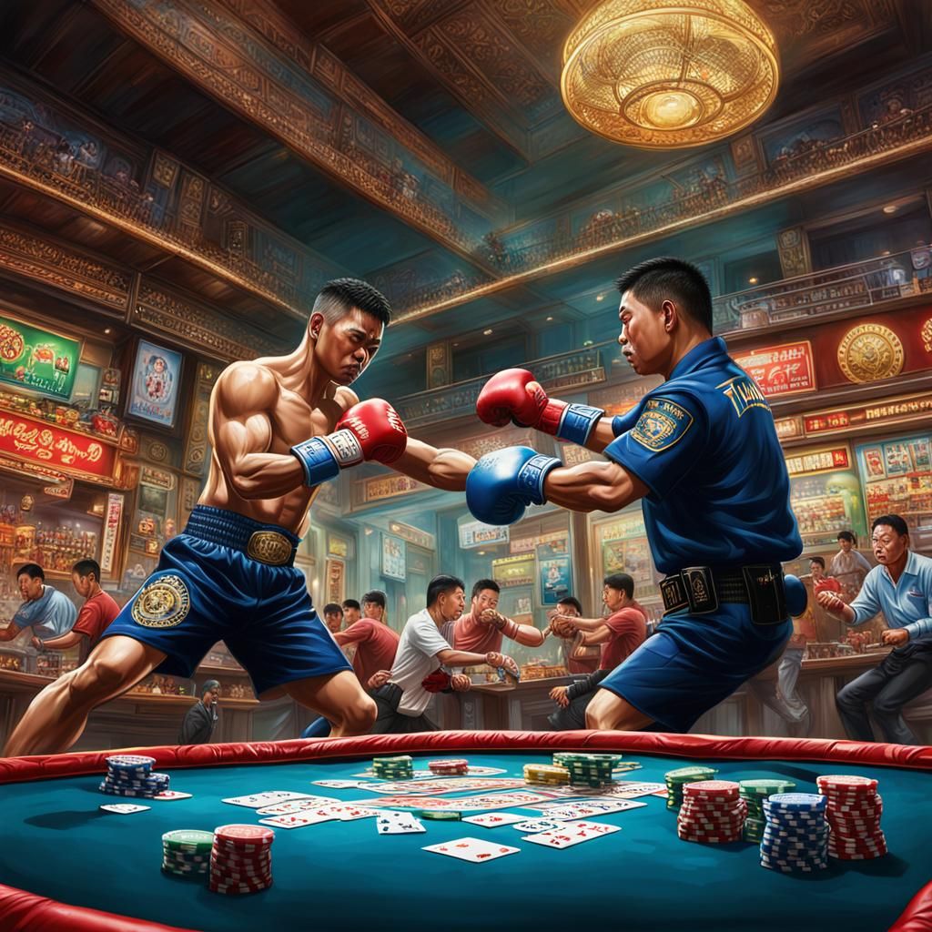 Thai Police Boxing in Gambling Den: Hyperrealistic Art