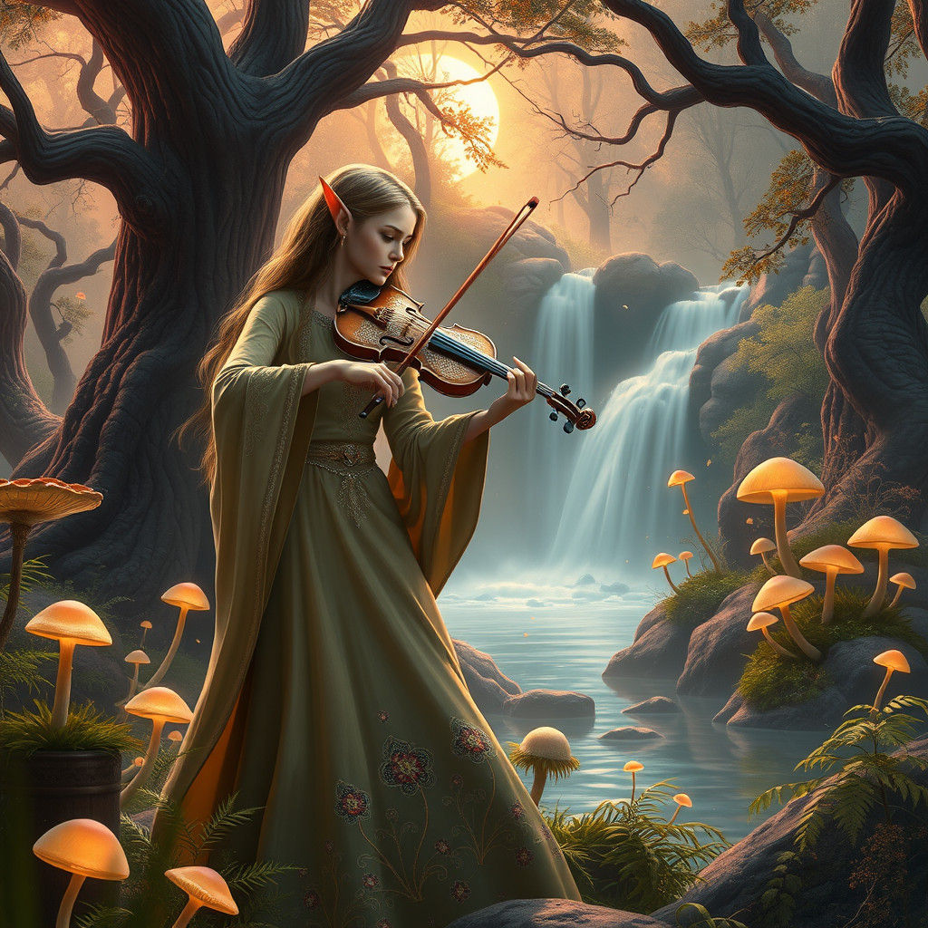 Enchanted Elf Violinist in Mystical Forest