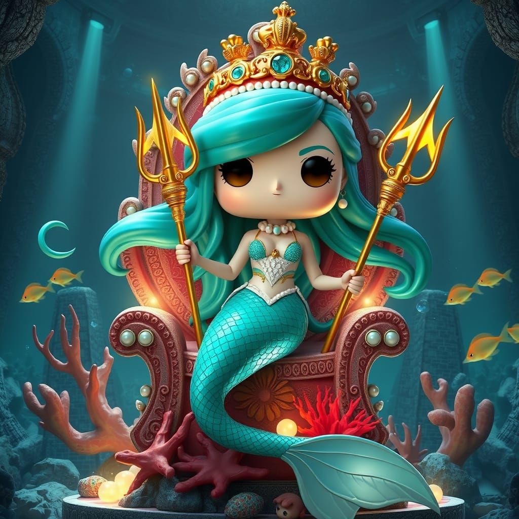 Mermaid Princess on Coral Throne in Funko Pop Style
