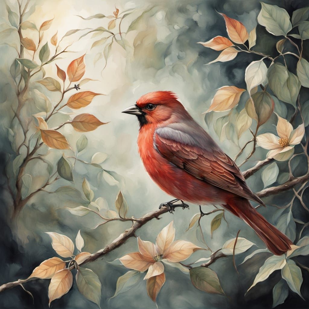 Redbird on Branch Watercolor Painting with Forest Birds