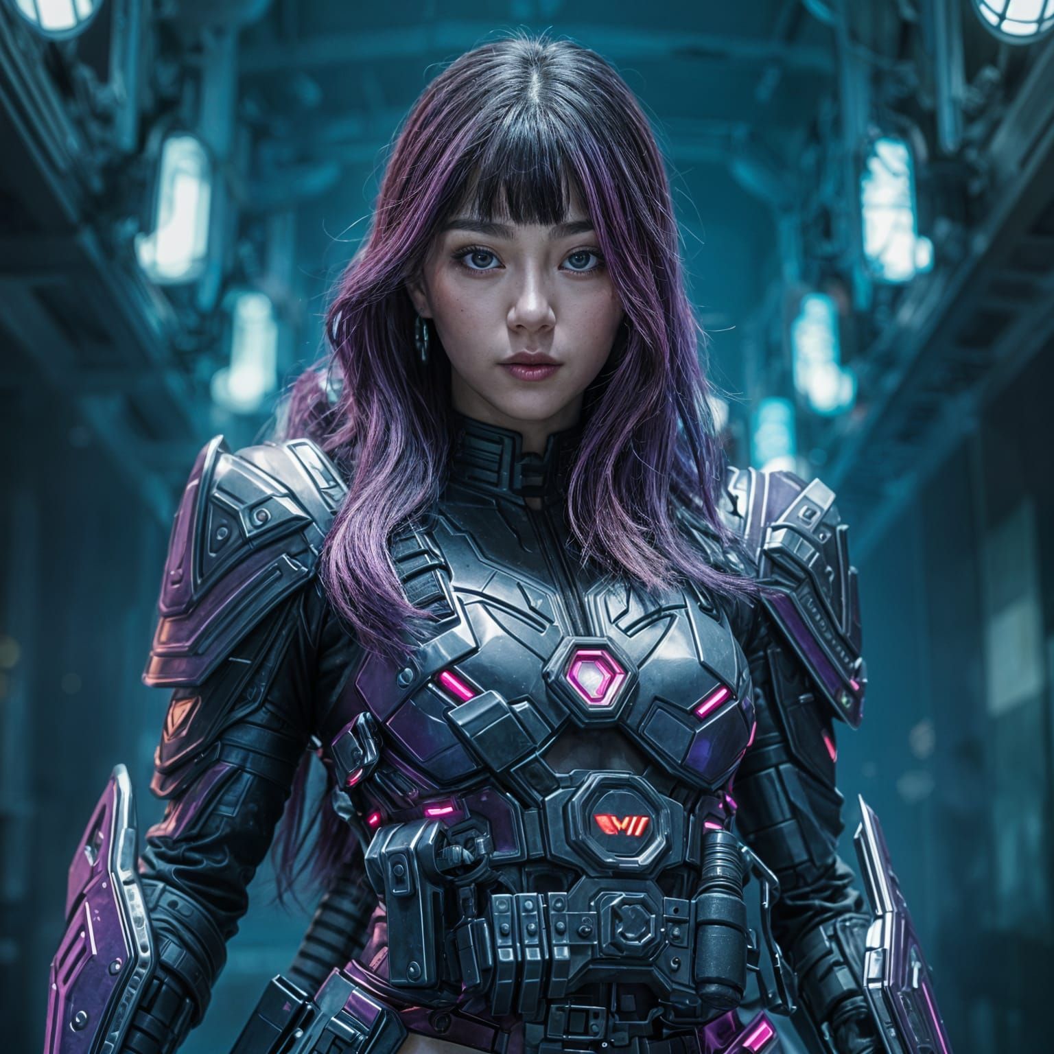 Korean Superheroine in Cyberpunk Armor with Purple Highlight...