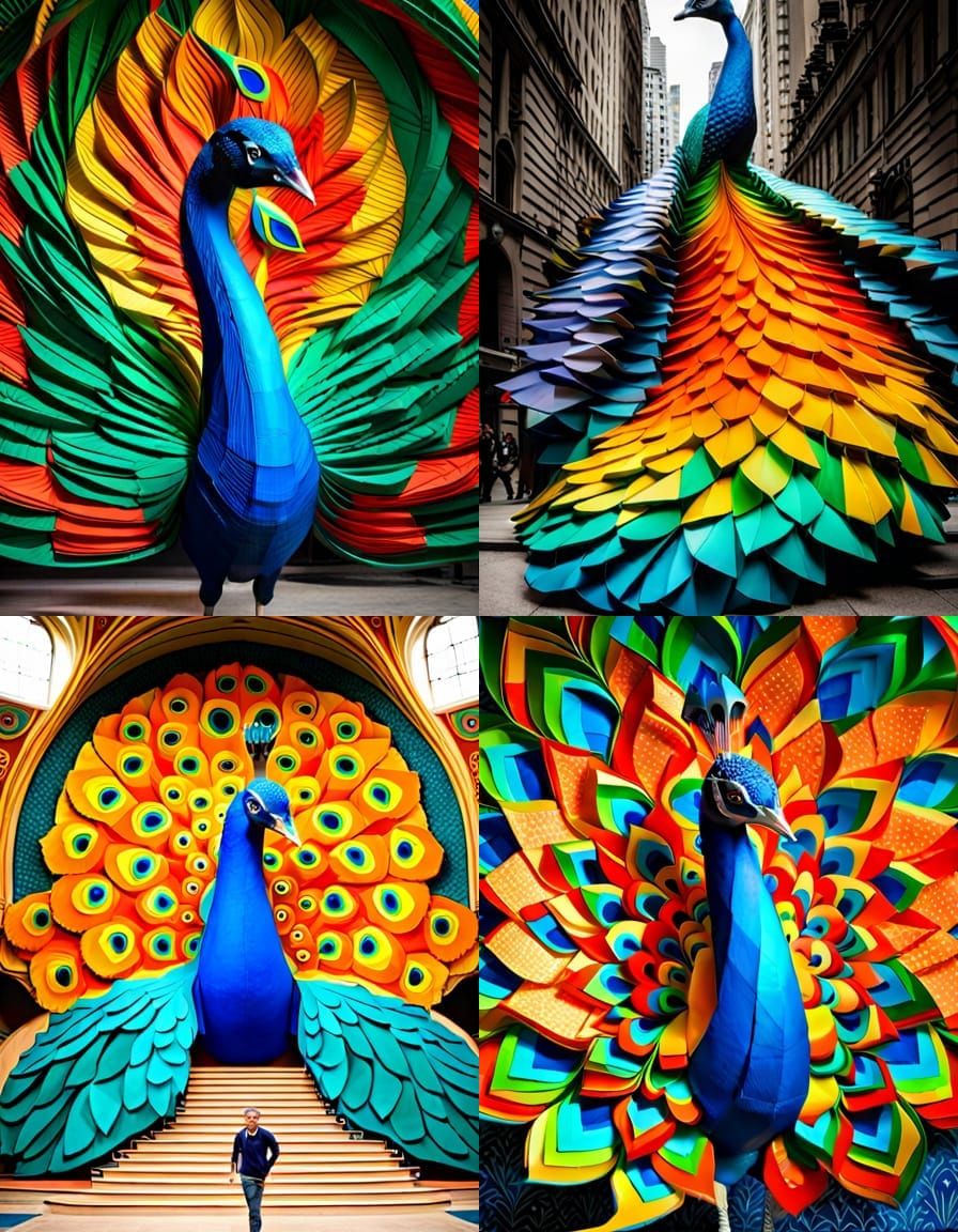 Giant Peacock Paper Sculpture with Vibrant Tail