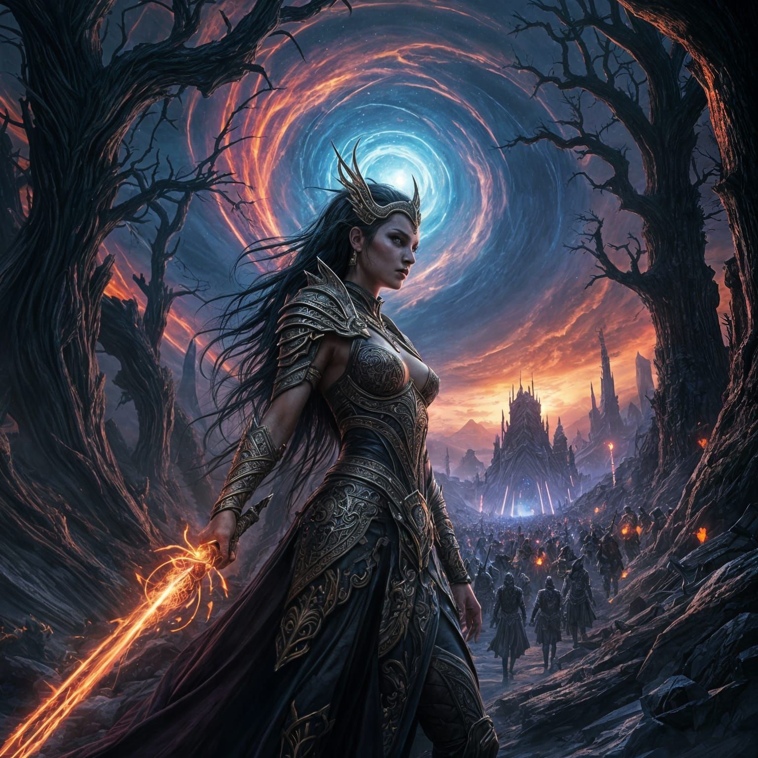 Warrior Goddess Leads Army in Twilight Landscape