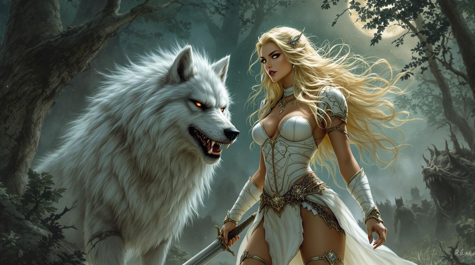 Fantasy Queen and Dire Wolf Confront Orcs
