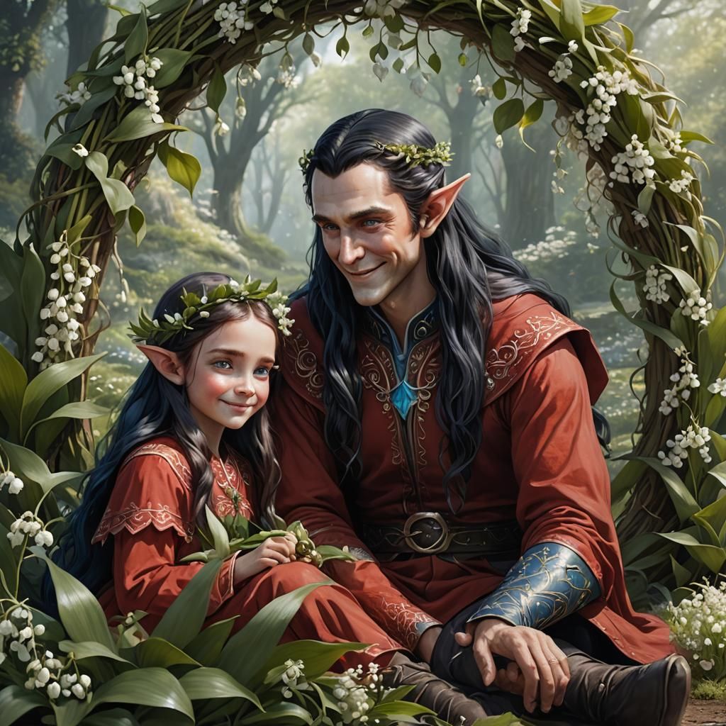 A tall male elf with very long black hair, blue eyes, wearin...