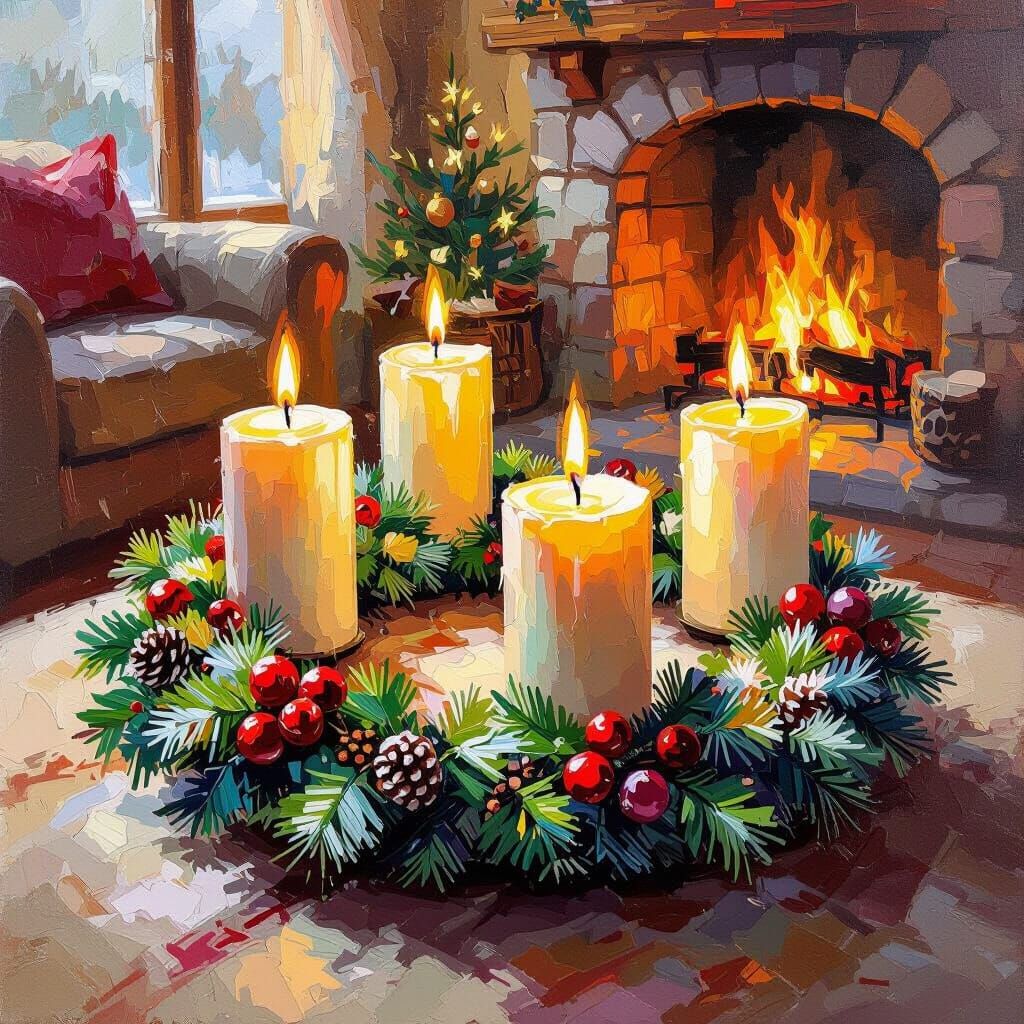 Advent Wreath with One Lit Candle in Cozy Room, Impasto Styl...