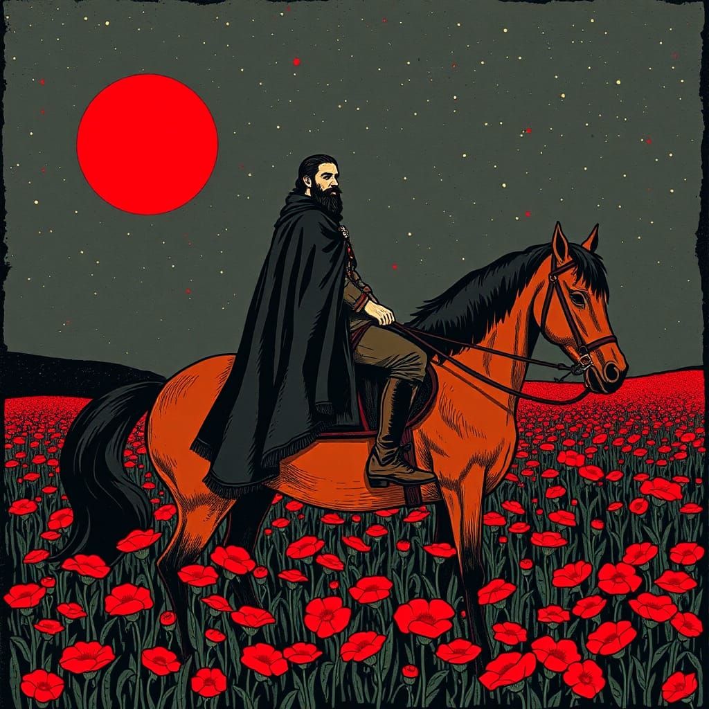 Man on Horseback in Field, Linocut Print Style