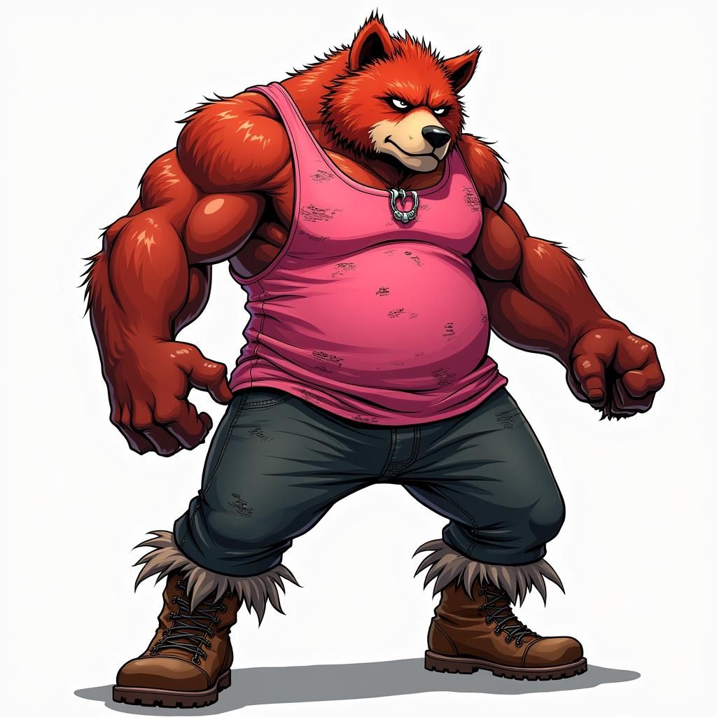 Red Fur Bear Kin in Pink Tank Top, Anime Style