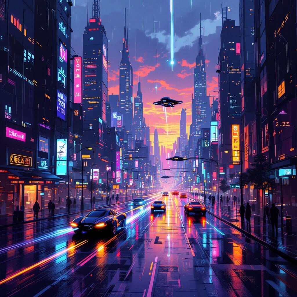 Vibrant Futuristic Cityscape at Twilight