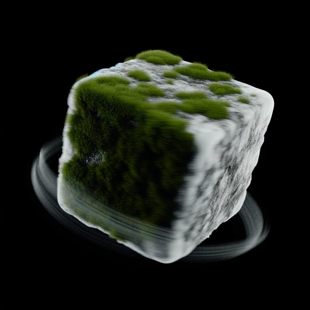 Moss-Covered Ice Block in Hyperrealistic Rendering